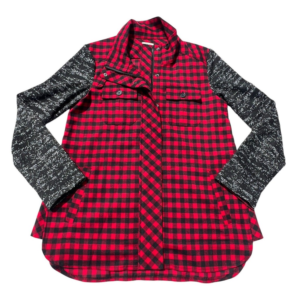 LOGO Lori Goldstein Size XS Red Buffalo Plaid Jacket Sweater Knit Sleeves